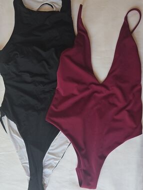Black and Burgundy One-Piece Swimsuits - Scoop Back & Deep V